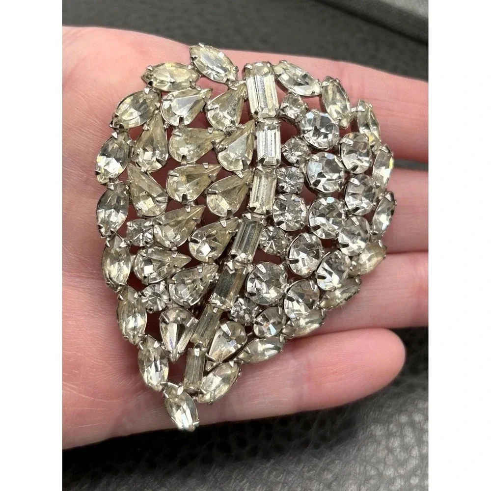 Vintage Huge Large Clear Rhinestone Leaf Brooch Pin GORGEOUS